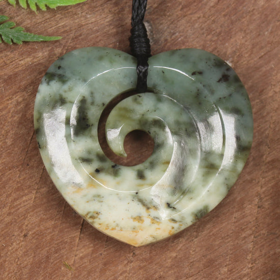 Heart with Koru carved from Flower Jade Pounamu - NZ Greenstone
