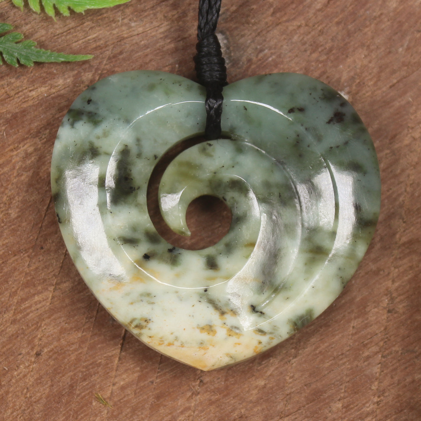 Heart with Koru carved from Flower Jade Pounamu - NZ Greenstone