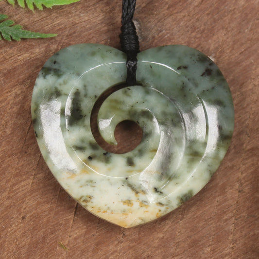 Heart with Koru carved from Flower Jade Pounamu - NZ Greenstone