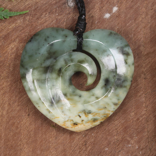 Heart with Koru carved from Flower Jade Pounamu - NZ Greenstone