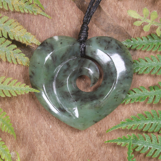Heart with Koru carved from Hapopo Pounamu - NZ Greenstone