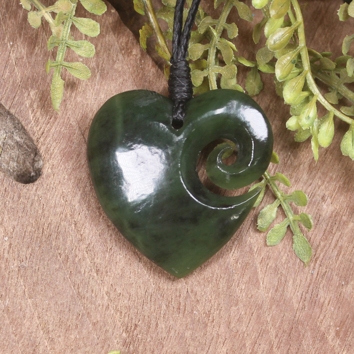 Heart with Koru carved from Hapopo Pounamu - NZ Greenstone