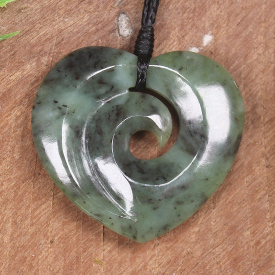 Koru Heart pendant carved from Hapopo Pounamu - NZ Greenstone