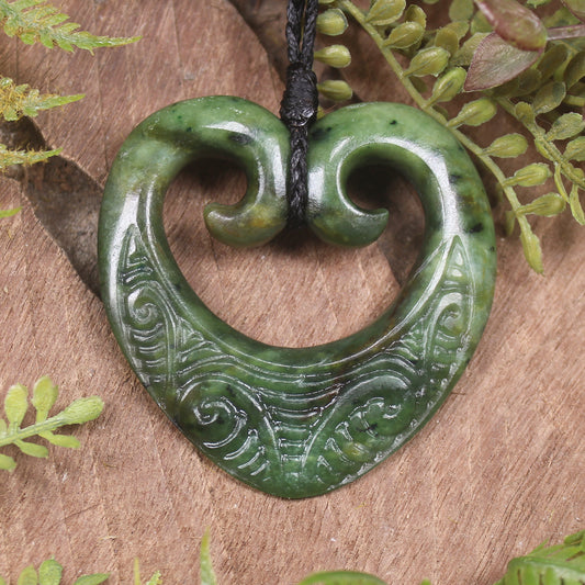 Heart with Koru carved from Flower Jade Pounamu - NZ Greenstone