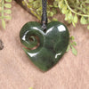 Heart with Koru carved from Hapopo Pounamu - NZ Greenstone