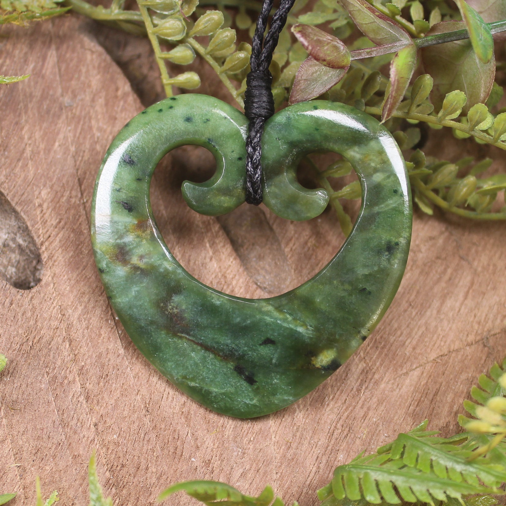 Heart with Koru carved from Flower Jade Pounamu - NZ Greenstone