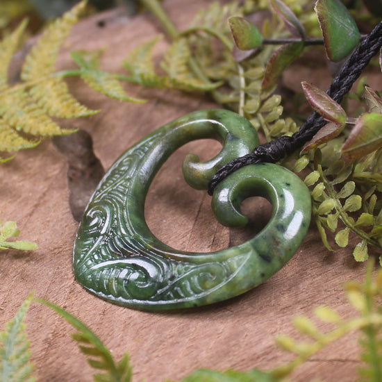 Heart with Koru carved from Flower Jade Pounamu - NZ Greenstone