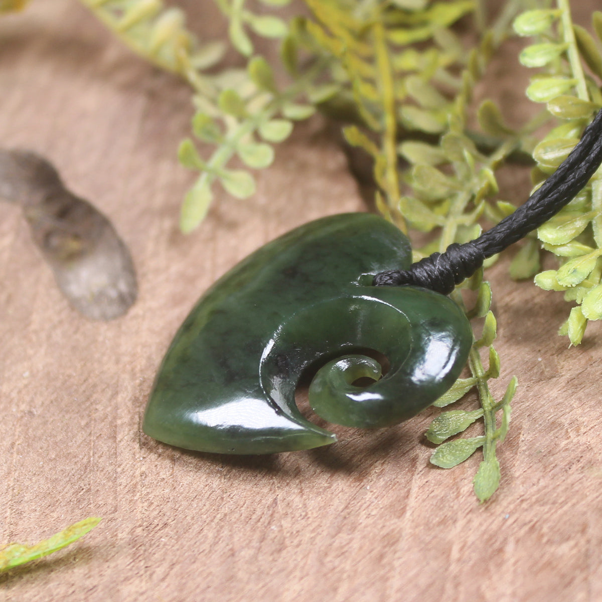 Heart with Koru carved from Hapopo Pounamu - NZ Greenstone