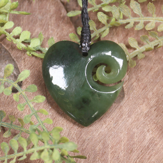 Heart with Koru carved from Hapopo Pounamu - NZ Greenstone