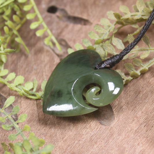 Heart with Koru carved from Hapopo Pounamu - NZ Greenstone