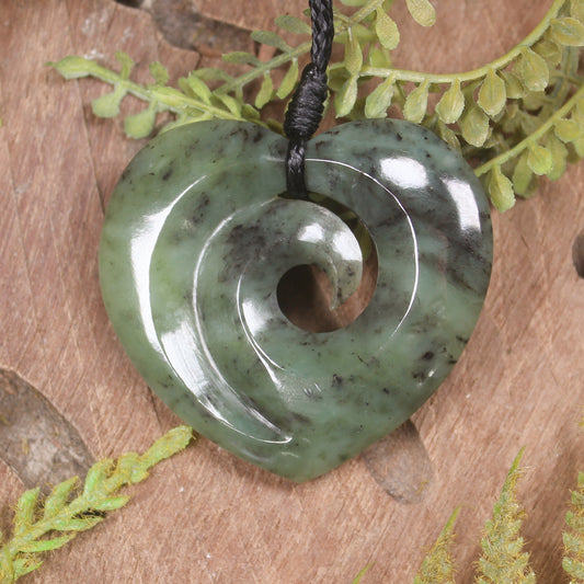 Heart with Koru carved from Hapopo Pounamu - NZ Greenstone