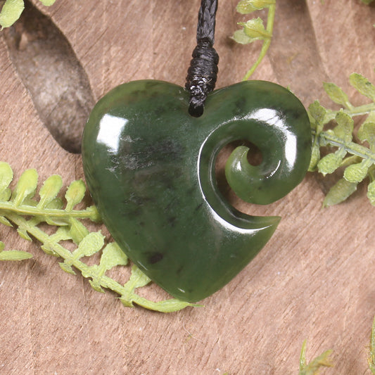 Heart with Koru carved from Rimu Pounamu - NZ Greenstone