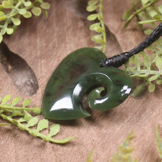 Heart with Koru carved from Rimu Pounamu - NZ Greenstone