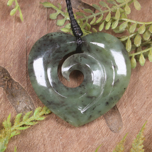 Heart with Koru carved from Hapopo Pounamu - NZ Greenstone