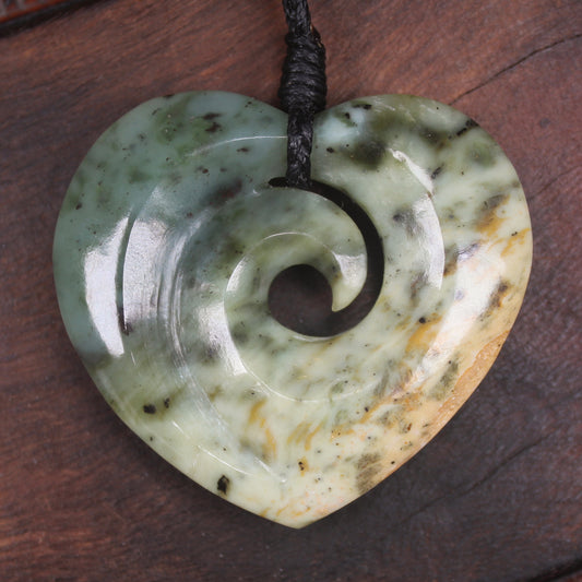 Heart with Koru carved from Flower Jade Pounamu - NZ Greenstone