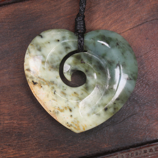 Heart with Koru carved from Flower Jade Pounamu - NZ Greenstone