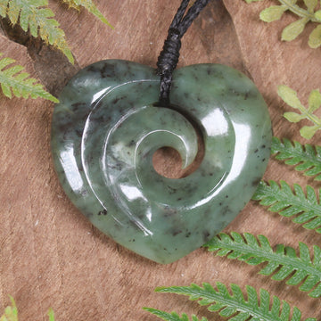 Heart with Koru carved from Hapopo Pounamu - NZ Greenstone