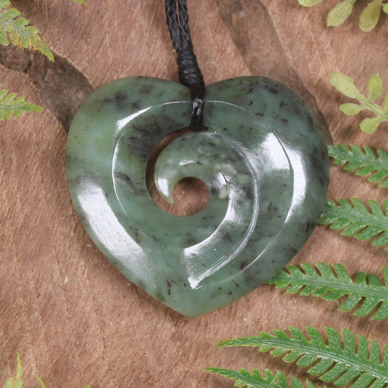 Heart with Koru carved from Hapopo Pounamu - NZ Greenstone
