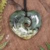 Heart with Koru carved from Flower Jade Pounamu - NZ Greenstone