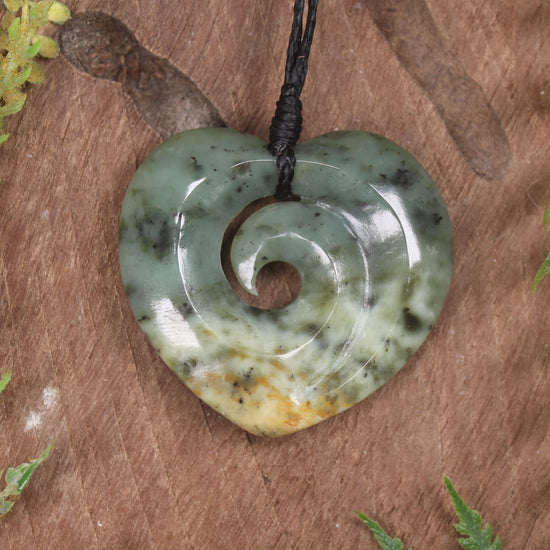 Heart with Koru carved from Flower Jade Pounamu - NZ Greenstone