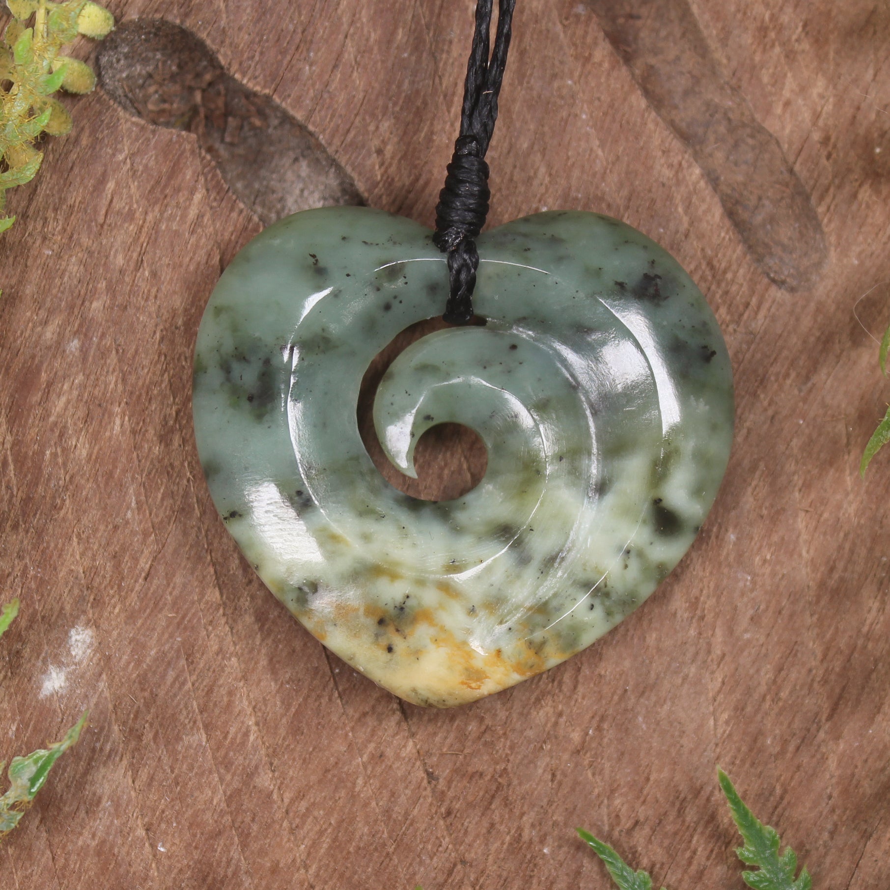 Heart with Koru carved from Flower Jade Pounamu - NZ Greenstone