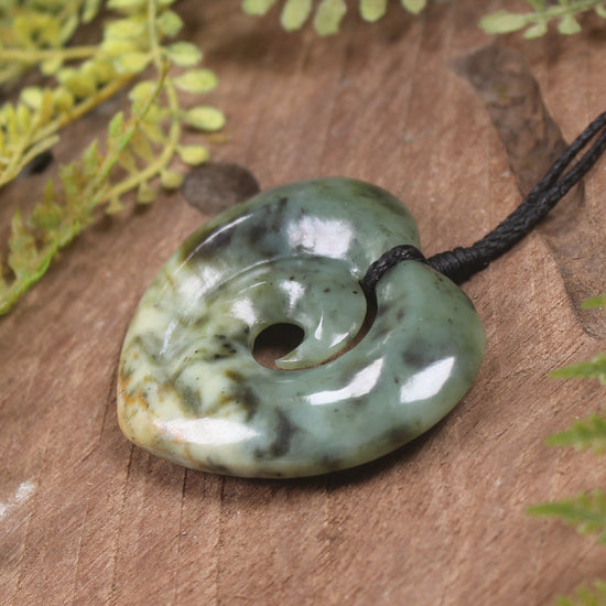 Heart with Koru carved from Flower Jade Pounamu - NZ Greenstone