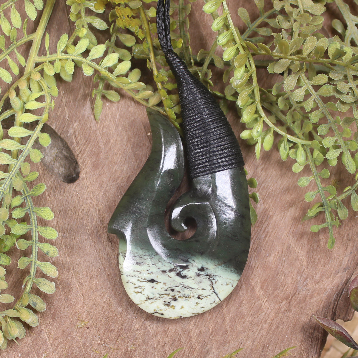 Hei Matau or Fish Hook carved from Rimu Pounamu - NZ Greenstone