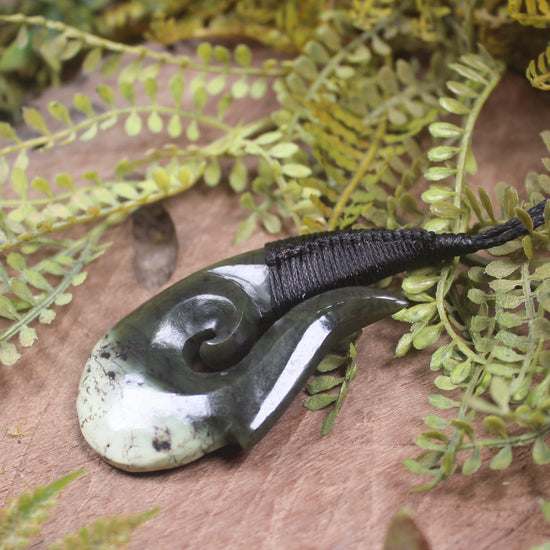 Hei Matau or Fish Hook carved from Rimu Pounamu - NZ Greenstone