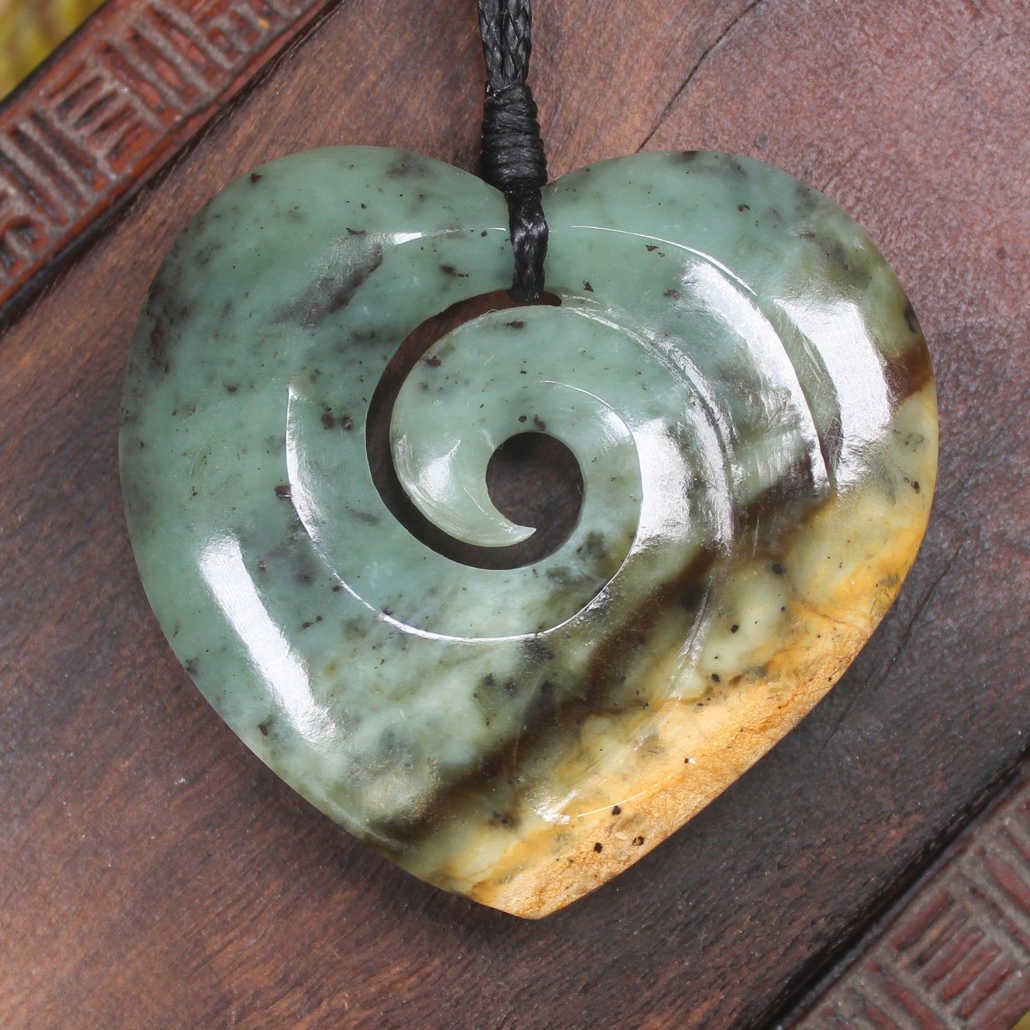 Heart with Koru carved from Flower Jade Pounamu - NZ Greenstone