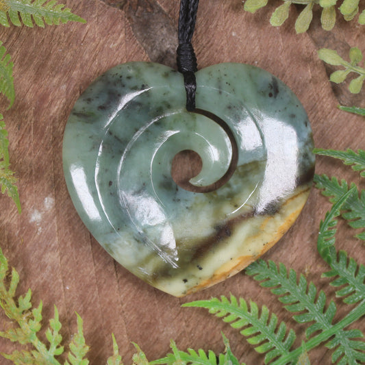 Heart with Koru carved from Flower Jade Pounamu - NZ Greenstone