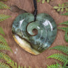 Heart with Koru carved from Flower Jade Pounamu - NZ Greenstone