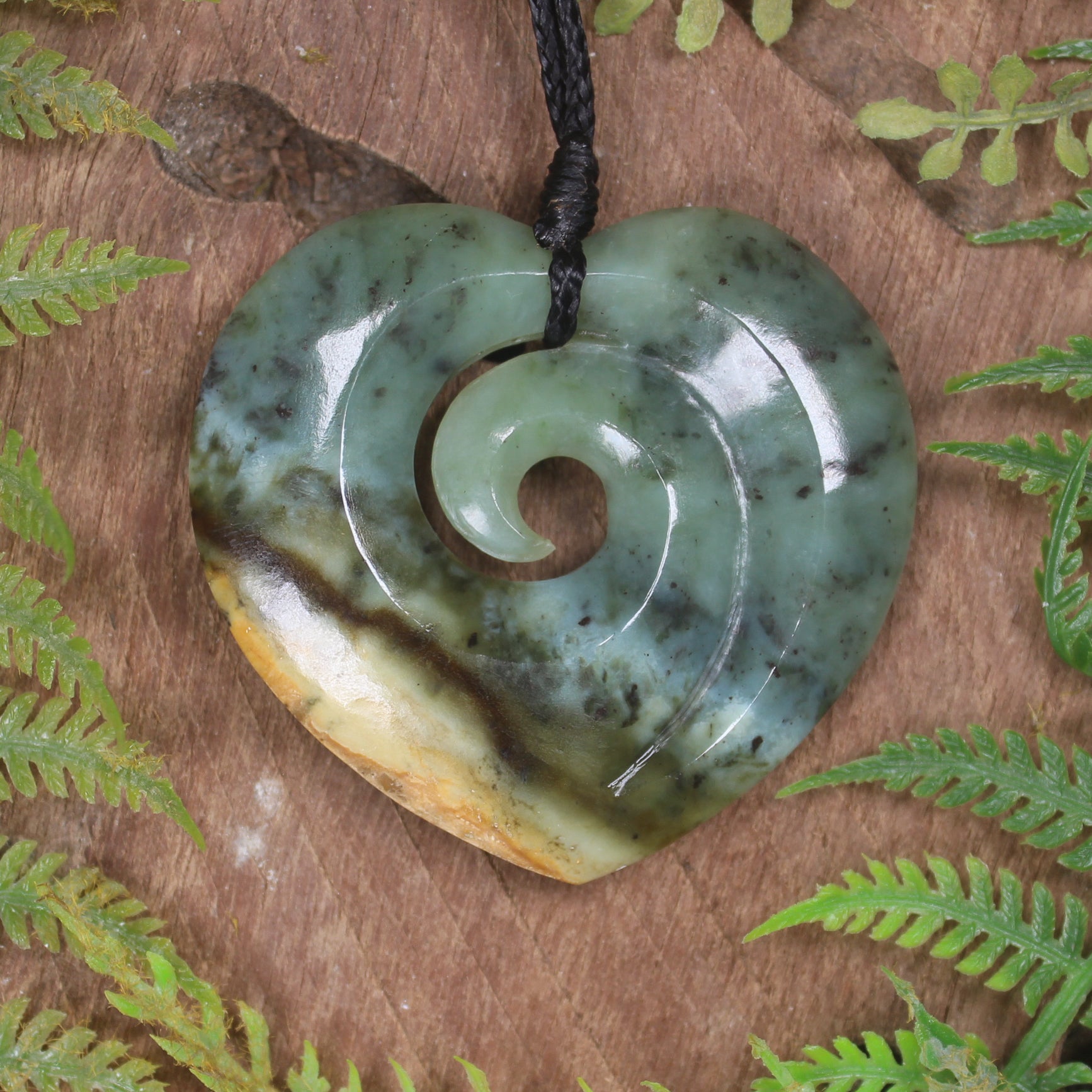 Heart with Koru carved from Flower Jade Pounamu - NZ Greenstone