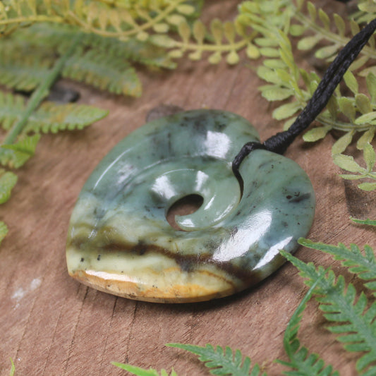 Heart with Koru carved from Flower Jade Pounamu - NZ Greenstone