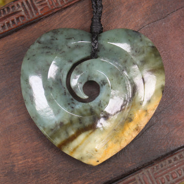 Heart with Koru carved from Flower Jade Pounamu - NZ Greenstone