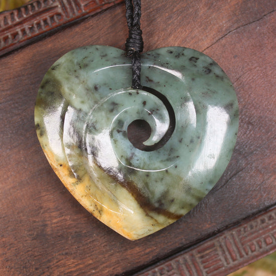 Heart with Koru carved from Flower Jade Pounamu - NZ Greenstone