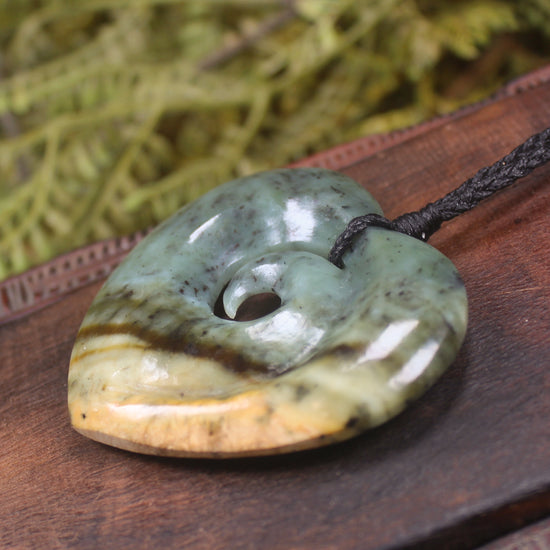 Heart with Koru carved from Flower Jade Pounamu - NZ Greenstone