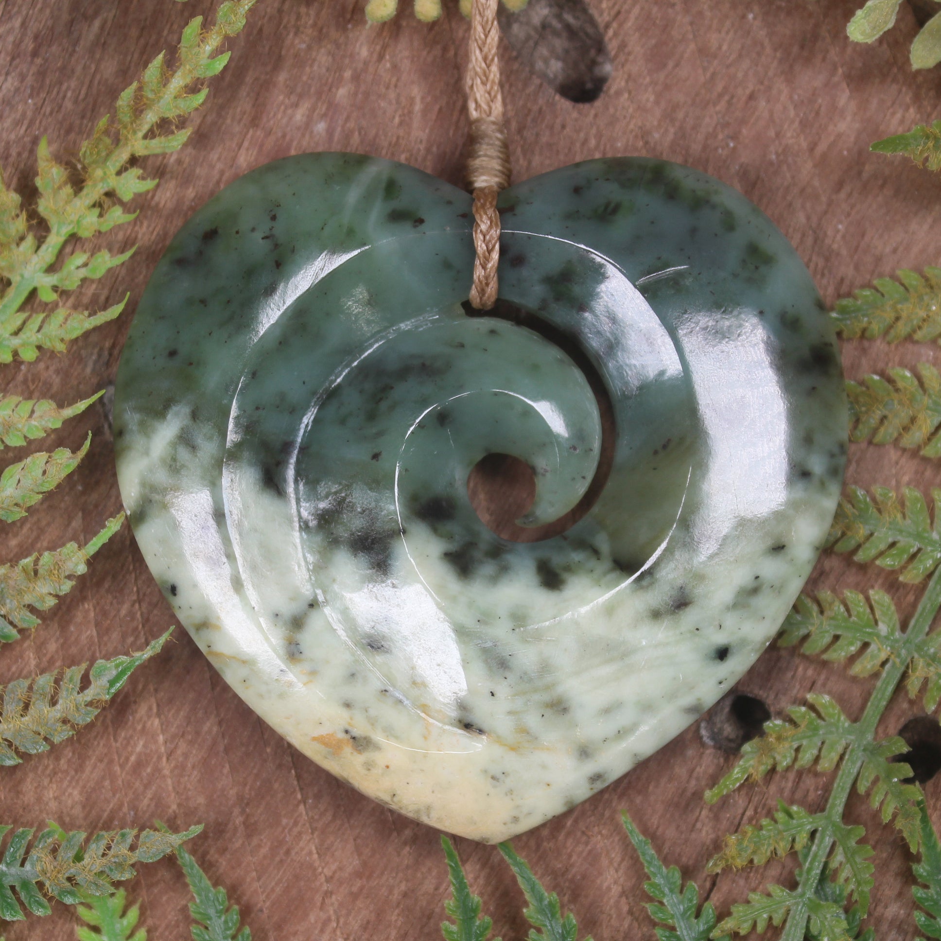 Heart with Koru carved from Flower Jade Pounamu - NZ Greenstone