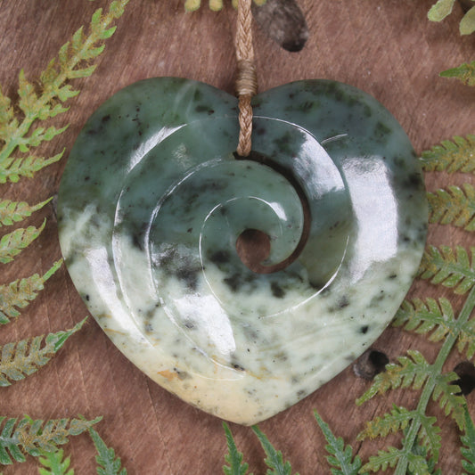Heart with Koru carved from Flower Jade Pounamu - NZ Greenstone