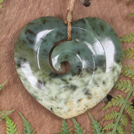 Heart with Koru carved from Flower Jade Pounamu - NZ Greenstone