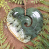 Heart with Koru carved from Flower Jade Pounamu - NZ Greenstone