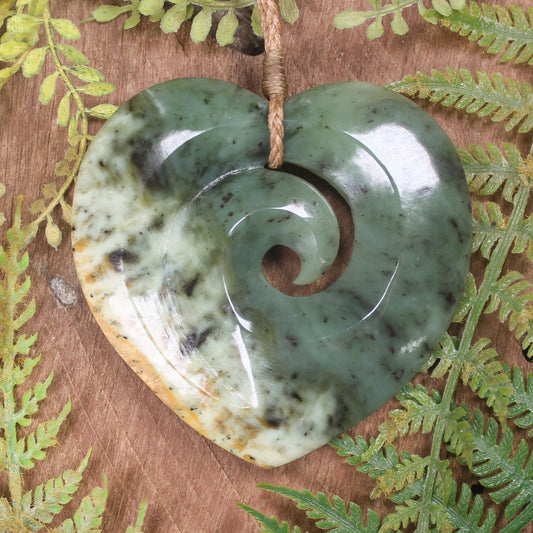 Heart with Koru carved from Flower Jade Pounamu - NZ Greenstone