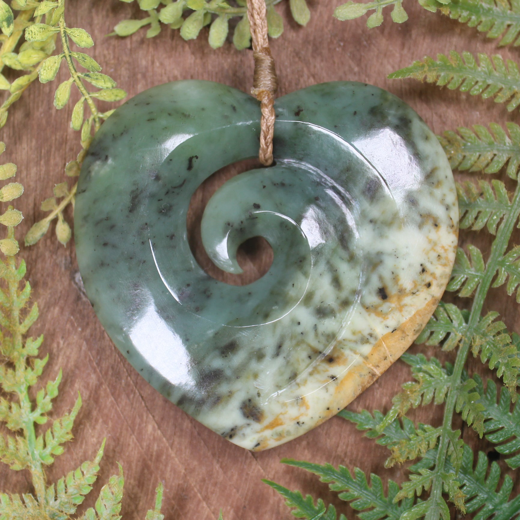 Heart with Koru carved from Flower Jade Pounamu - NZ Greenstone