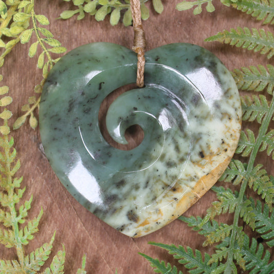 Heart with Koru carved from Flower Jade Pounamu - NZ Greenstone