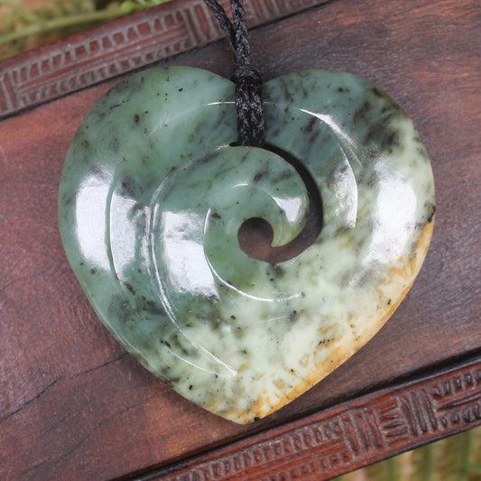 Heart with Koru carved from Flower Jade Pounamu - NZ Greenstone
