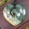 Heart with Koru carved from Flower Jade Pounamu - NZ Greenstone