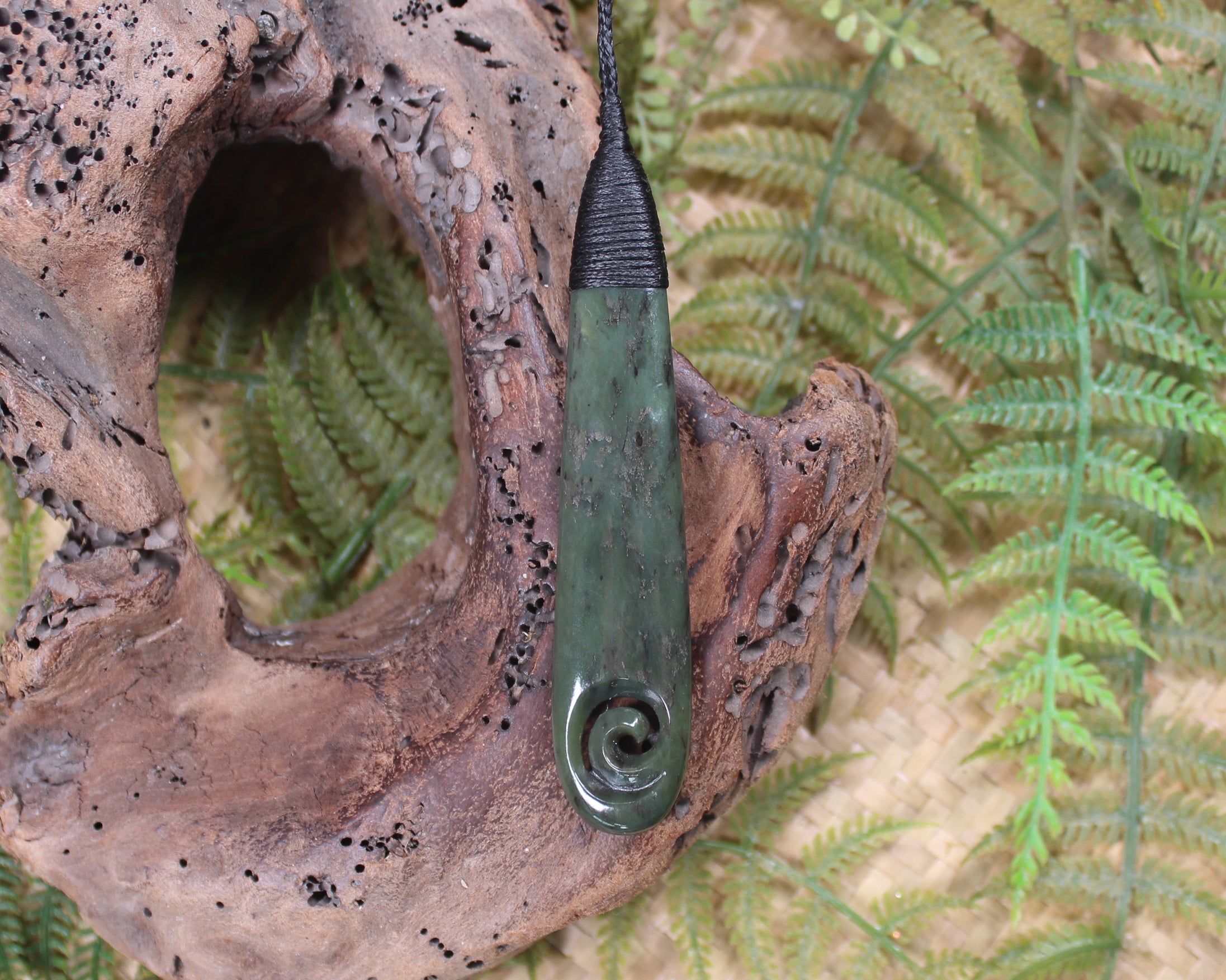 Roimata or Teardop with Koru carved from Rimu Pounamu - NZ Greenstone