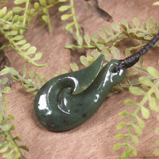 Hei Matau or Fish Hook carved from Hapopo Pounamu - NZ Greenstone