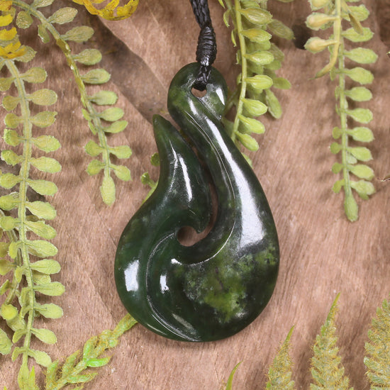 Hei Matau or Fish Hook carved from Rimu Pounamu - NZ Greenstone