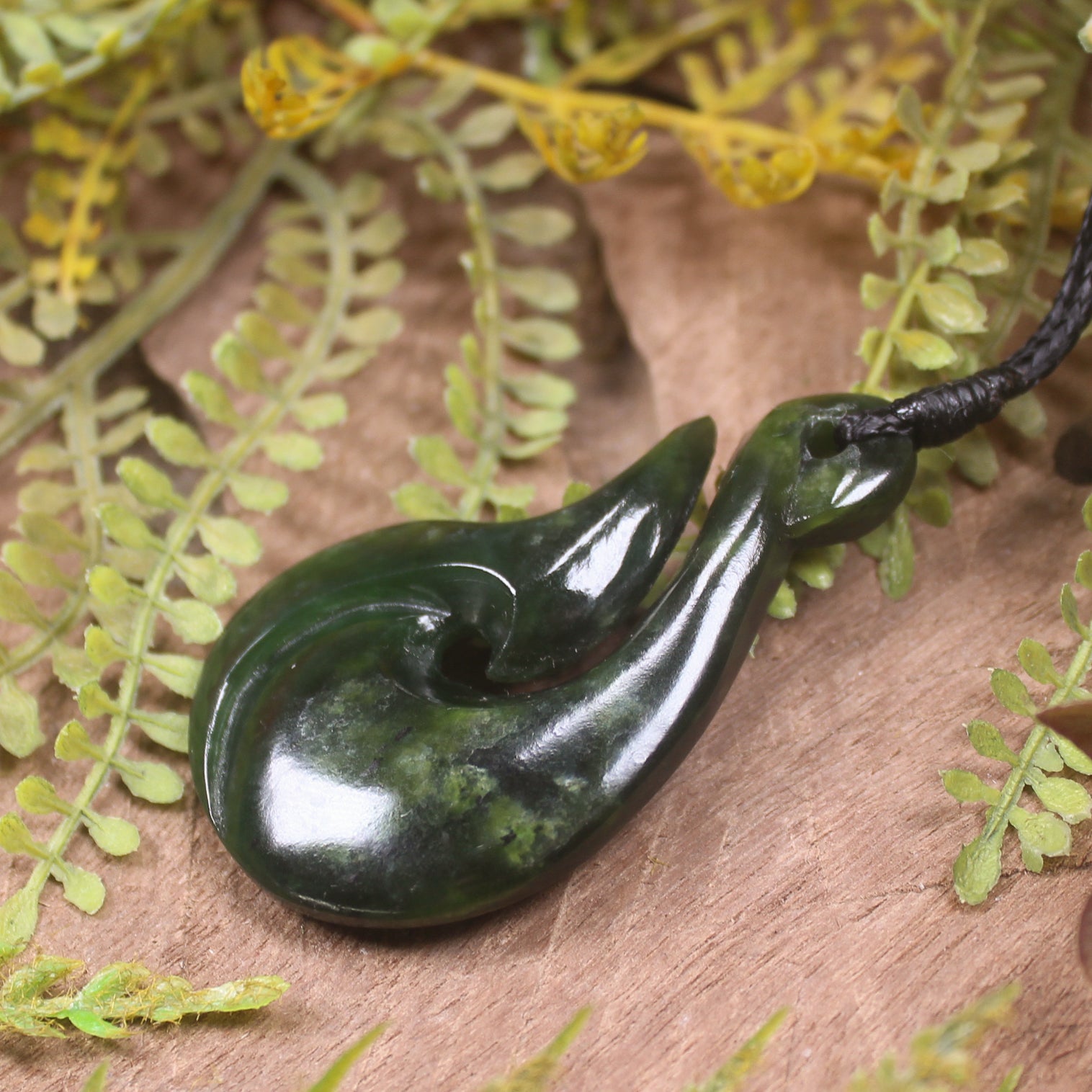 Hei Matau or Fish Hook carved from Rimu Pounamu - NZ Greenstone