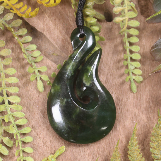 Hei Matau or Fish Hook carved from Rimu Pounamu - NZ Greenstone